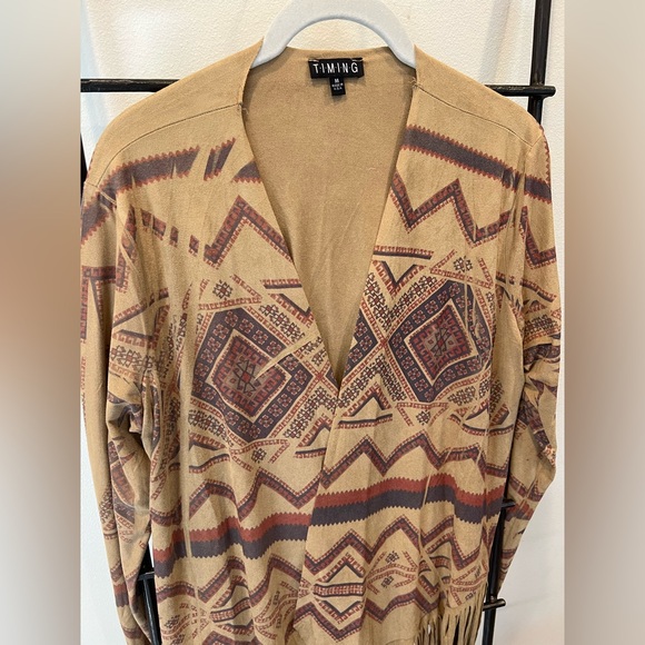 Timing Faux Suede Tan and Brown Geometric Cardigan - Picture 2 of 5